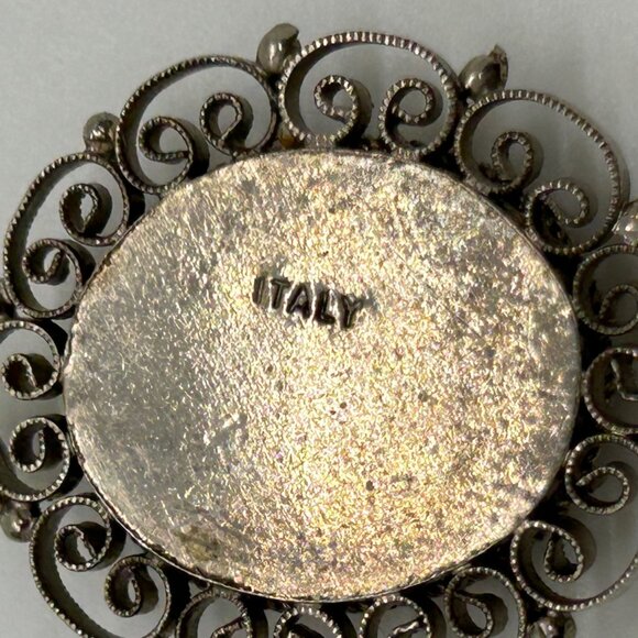 Vintage Italian Micro Mosaic Oval Pendant With Filigree Detailing Floral Design - Picture 7 of 14